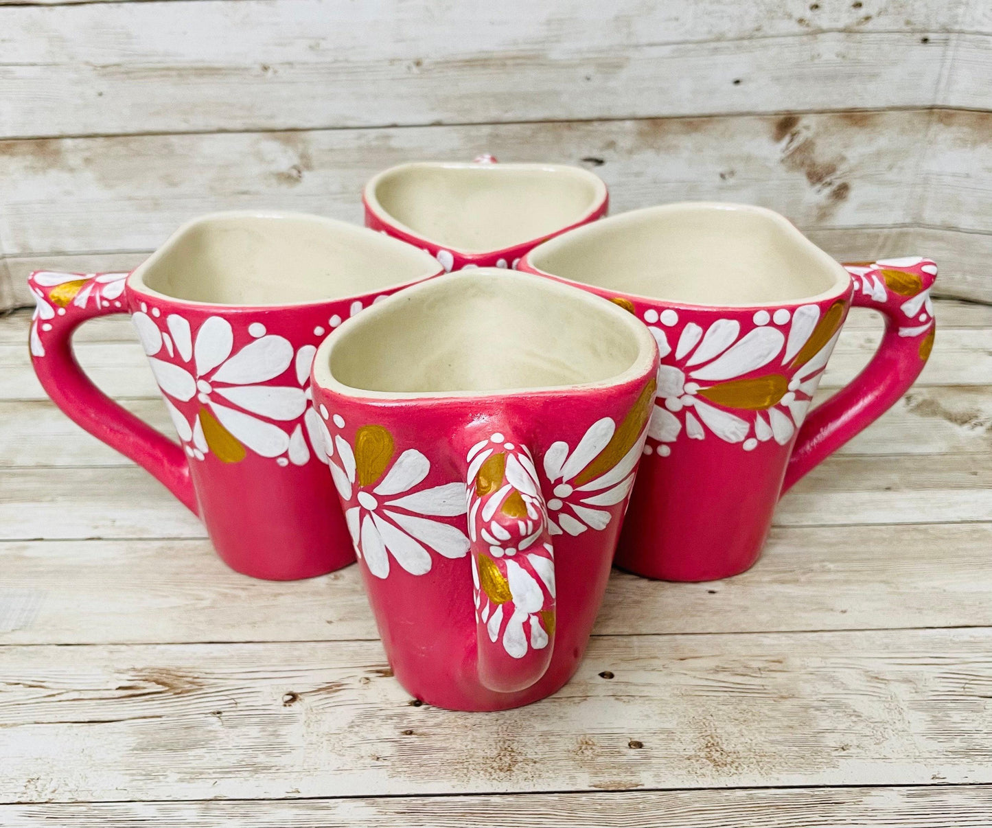 4x Mexican Ceramic Heart Shaped Pottery Cups 4x Tazas de Ceramica Mexicanas en Forma de Corazon