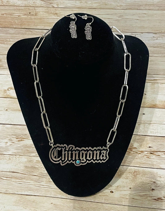 Chingona Necklace Pendant Set With Earrings Set De Cadena Y Aretes CHINGONA