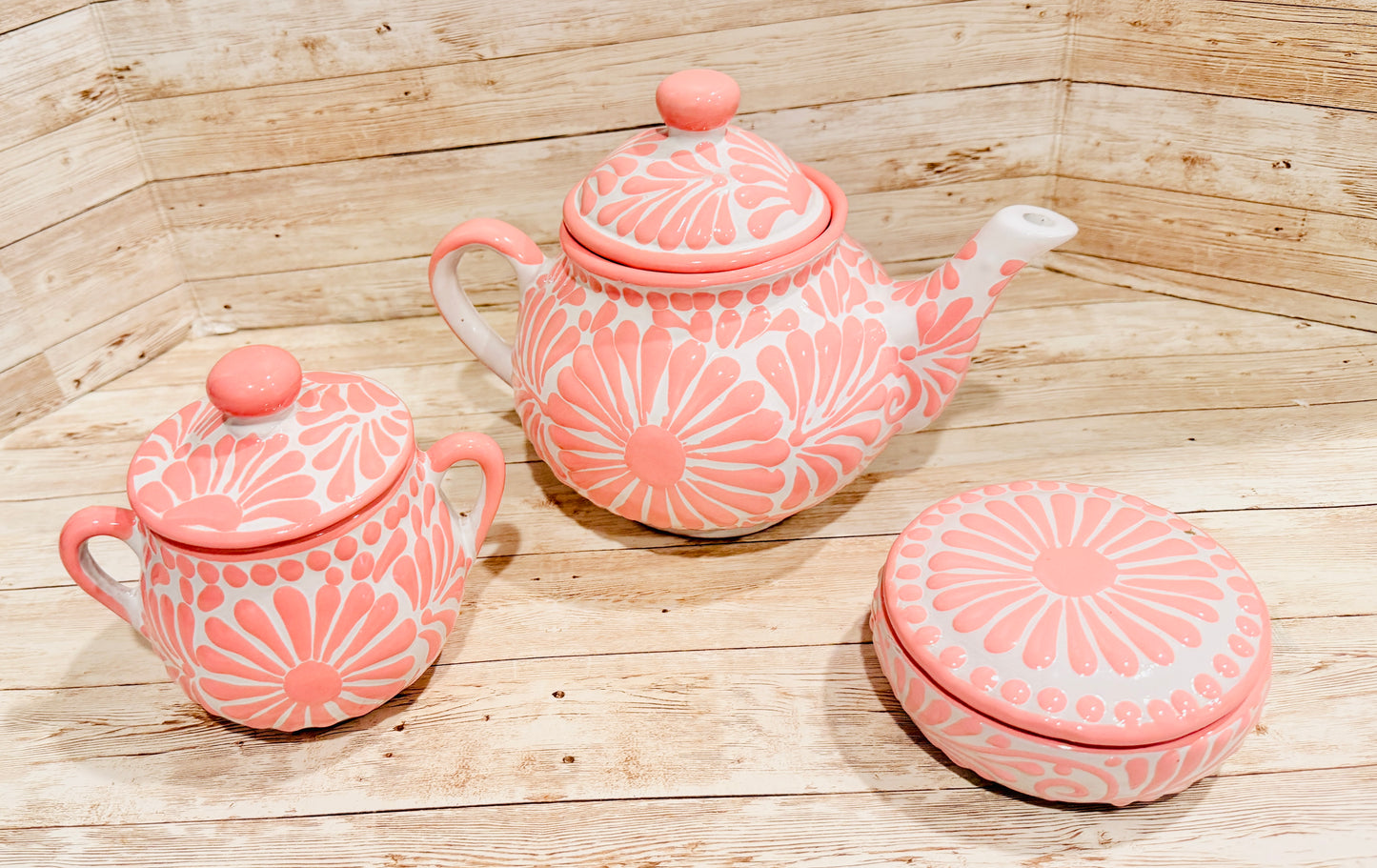 Mexican Pink Talavera Coffeepot Teapot Set with Sugar Bowl and Serving Dish with Lid Talavera Rosa Tetera con Azucarera y Charola Chica para Servir