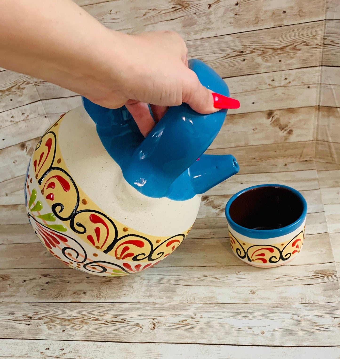 Terra Cotta Mexican Art Water Jug with Cup Garrafon de Barron Artesanal Mexicana con Vaso