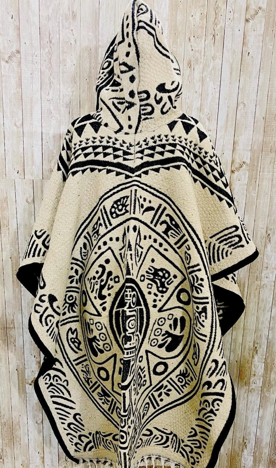 Mexican Wool PONCHO Huichol Aztec Calendar Poncho Mexicano De Lana Afelpado Huichol con Calendario Azteca