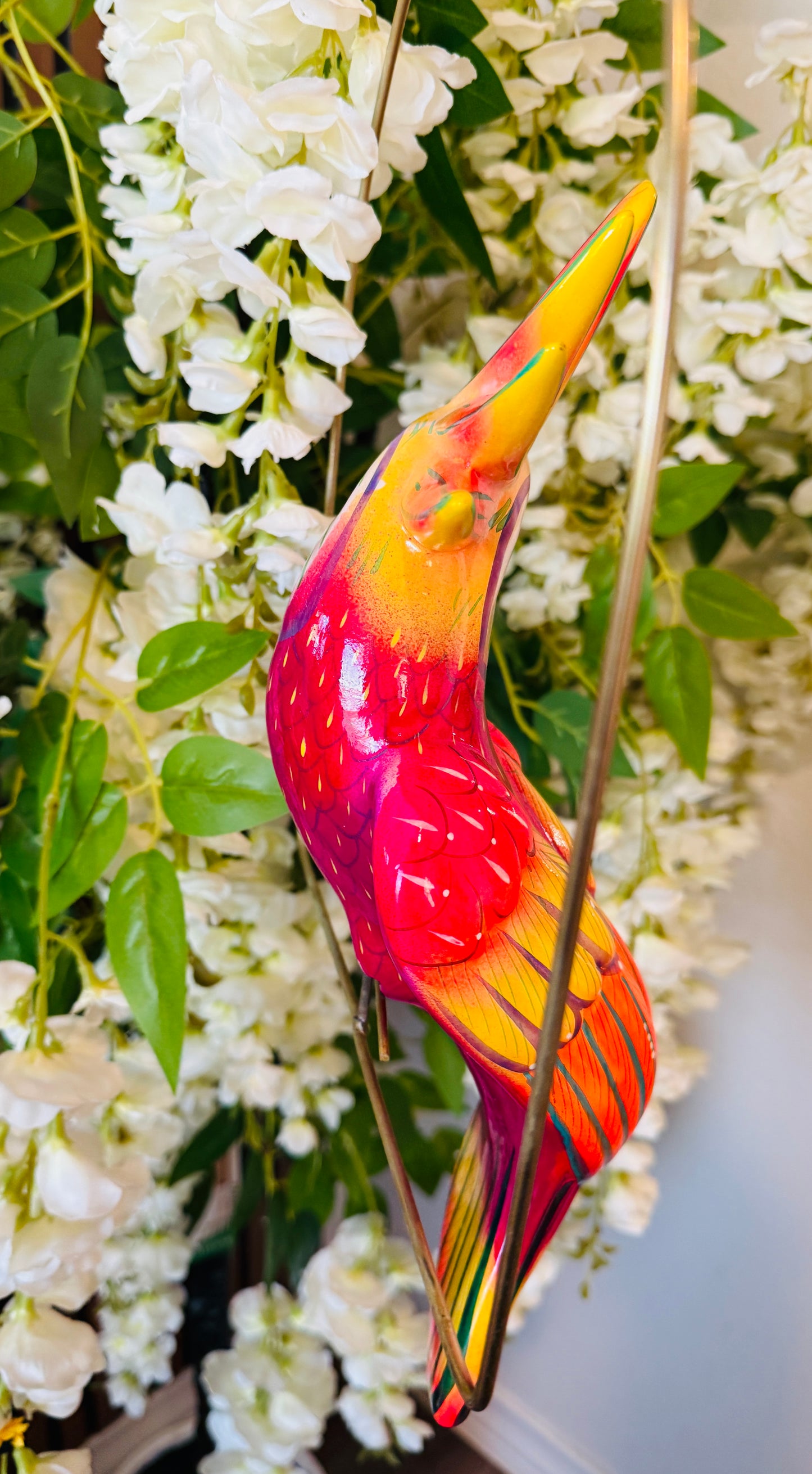 Mexican Exotic Ceramic Bird on a Perch Pajaro Mexicano de Ceramic en Aro