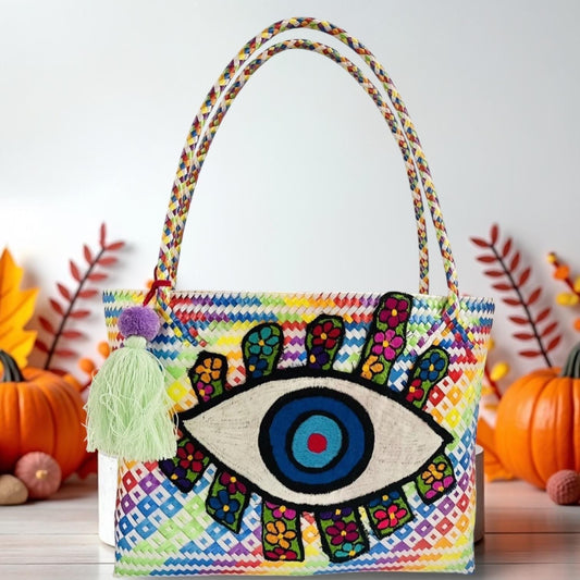 Hamsa Evil Eye Hand Woven Plastic Tote Bolsa Mexicana Artesenal Hamsa Mal De Ojo