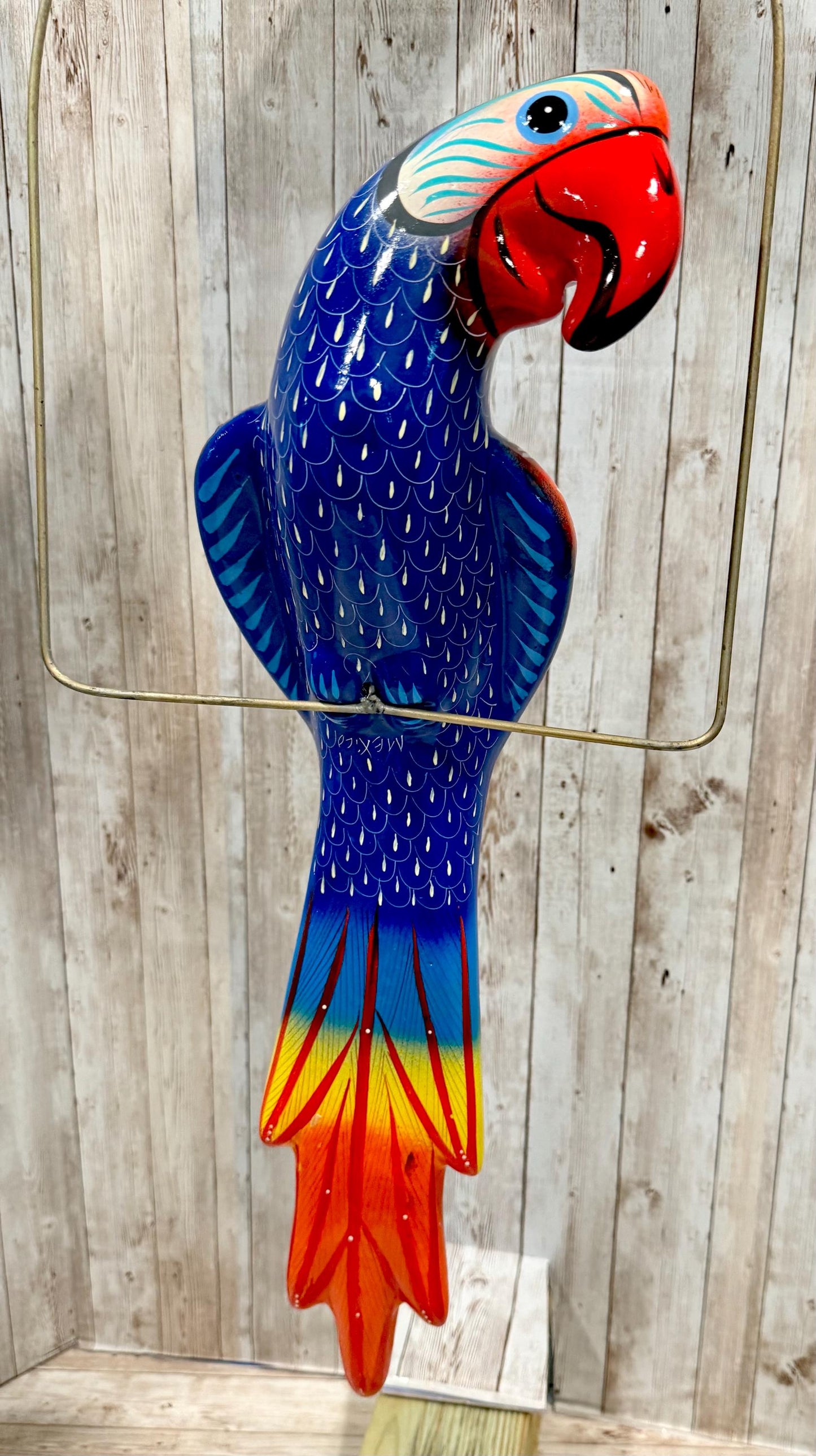 Mexican Exotic Ceramic Bird on a Perch Pajaro Mexicano de Ceramic en Aro