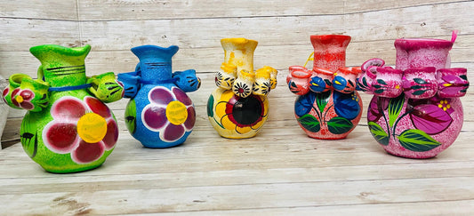 Terra Cotta Mexican Art Pottery Tequilero With 5 Mini Jarritos Licorera Artesanal Mexicana con 5 Mini Jarritos