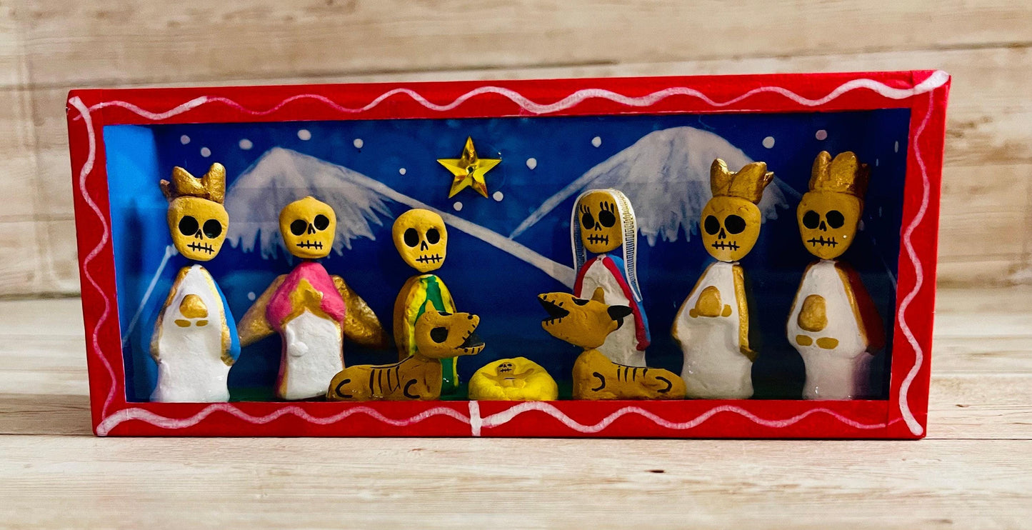 Nicho Mexicano De Nacimiento de Catrinas y Vitrina Mexican Sugar Skulls Nativity Scene Shadow Box