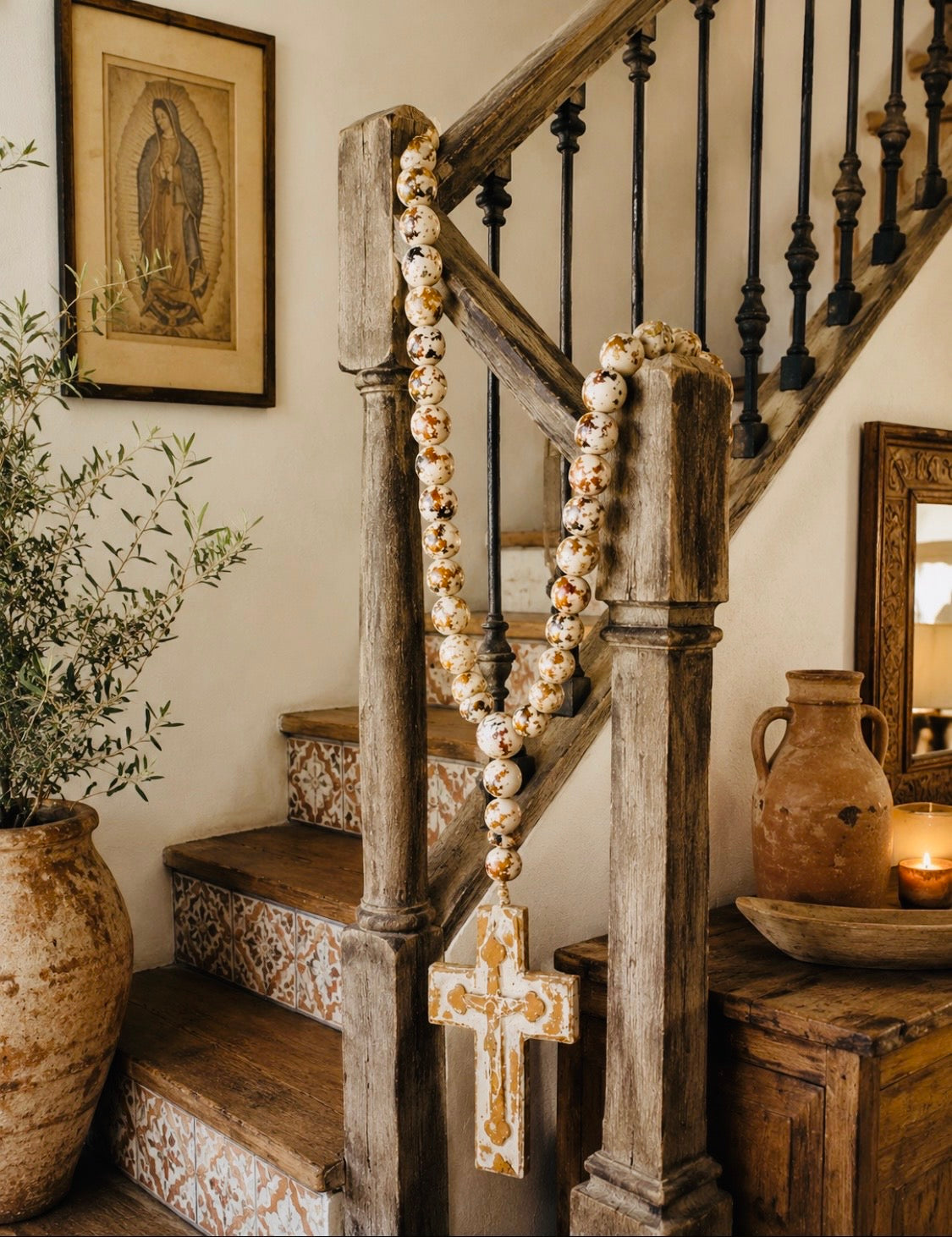 Mexican Large Ceramic Rosary Rustic Farmhouse Decor Rosario Mexicano Grande de Ceramica
