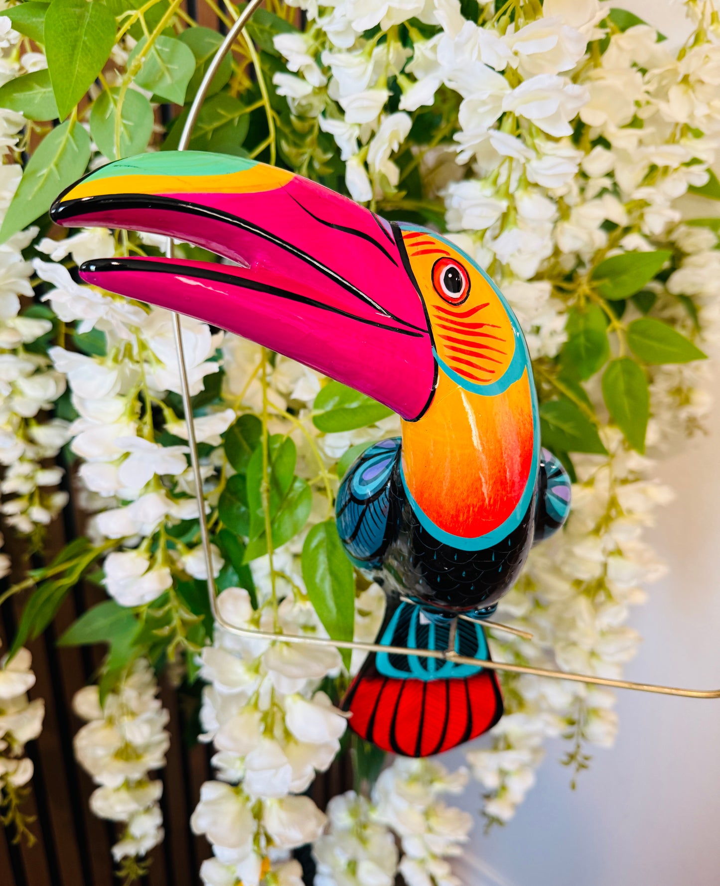 Mexican Exotic Ceramic Bird on a Perch Pajaro Mexicano de Ceramic en Aro