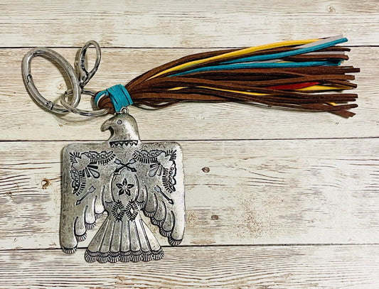Thunderbird Southwest Western Keychain Key Purse Badge Llavero Pajaro Trueno Nativo con Tiras de Piel