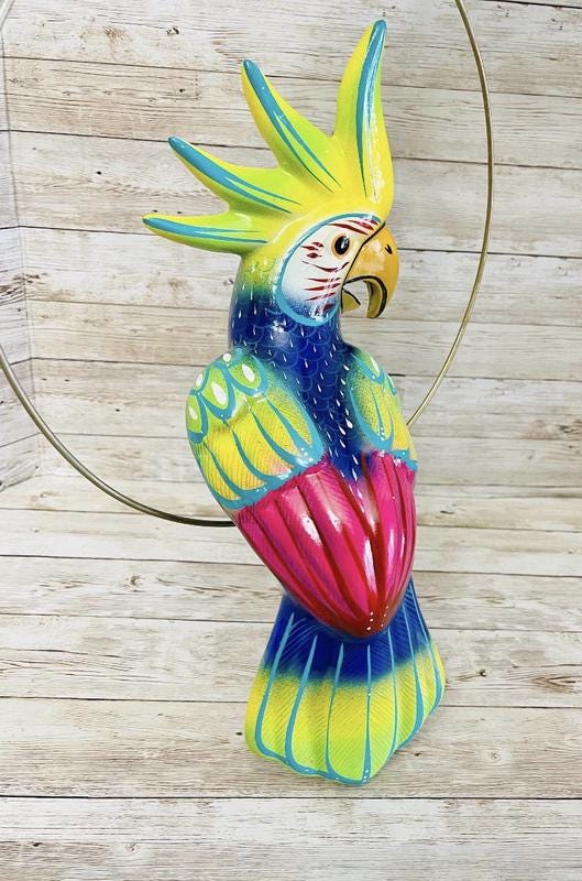 Mexican Exotic Ceramic Bird on a Perch Pajaro Mexicano de Ceramic en Aro