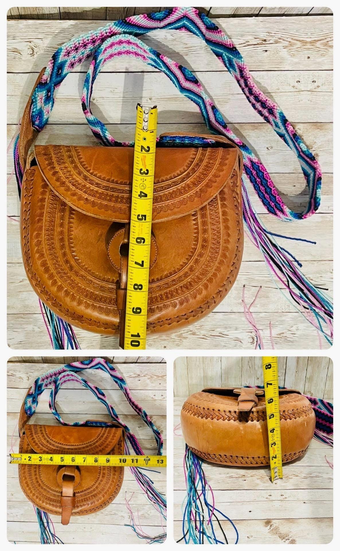 Handcrafted Tooled Western Mexican Leather Crossbody Bag with Woven Straps Bolsa Mexicana de Piel con Correa Tejida