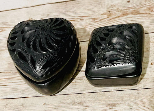 2x Mexican Artesanal Black Oaxaca Clay Handmade Jewelry Boxes 2x Joyeros Artesanales Mexicanos de Barro Negro de Oaxaca