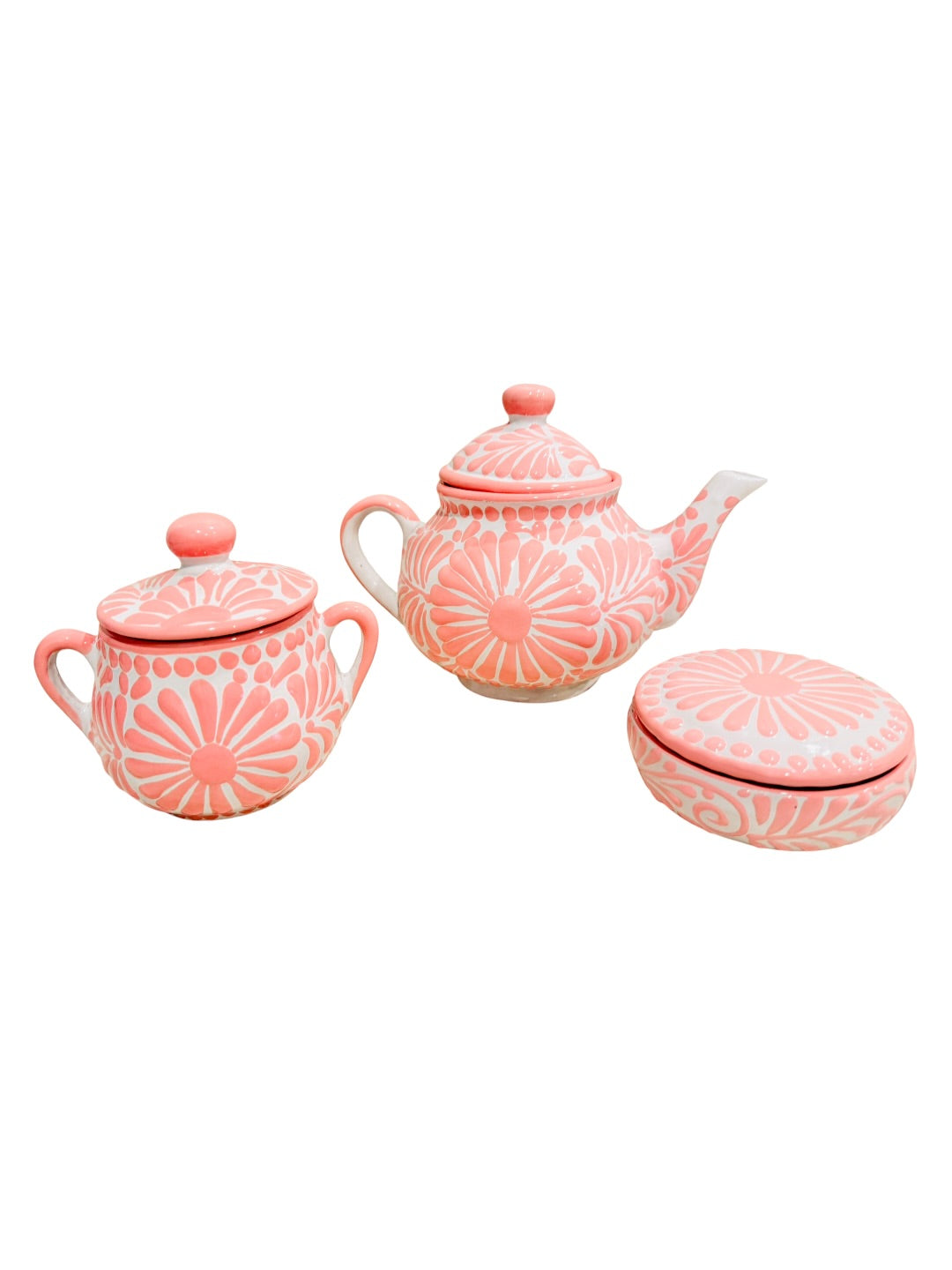 Mexican Pink Talavera Coffeepot Teapot Set with Sugar Bowl and Serving Dish with Lid Talavera Rosa Tetera con Azucarera y Charola Chica para Servir