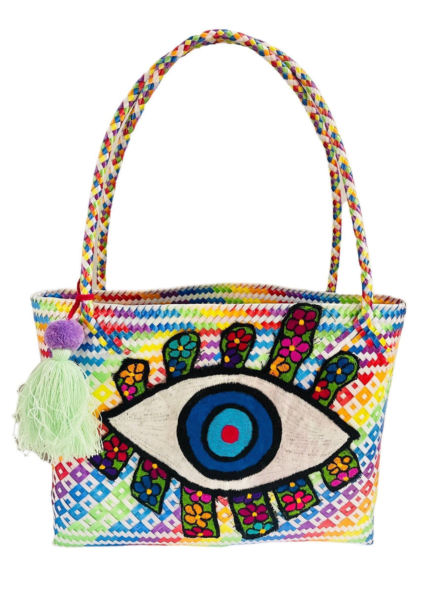 Hamsa Evil Eye Hand Woven Plastic Tote Bolsa Mexicana Artesenal Hamsa Mal De Ojo