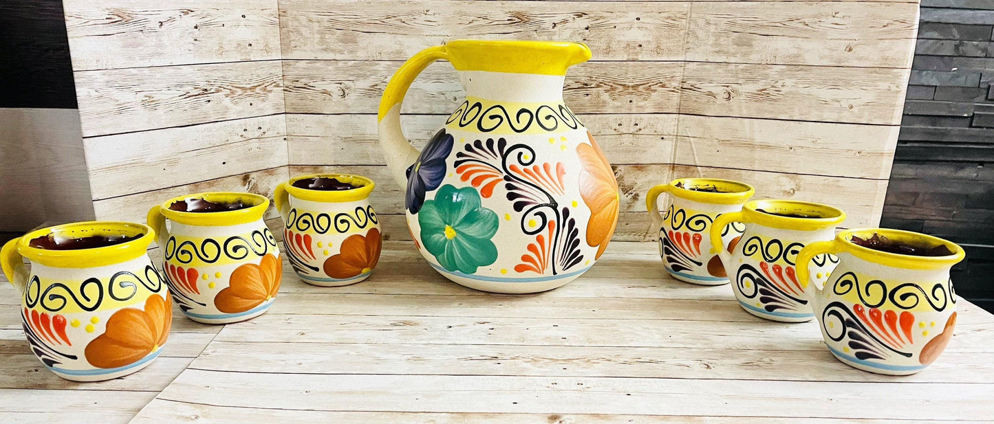 Terra Cotta Mexican Art Pottery Pitcher With 6 Cups Jarra Artesanal Mexicana