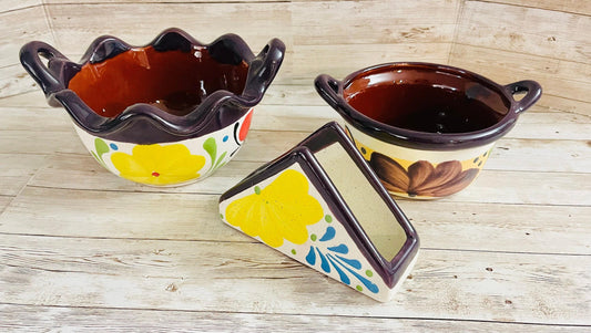 Terra Cota 3 Piece Mexican Set Napkin Holder Salsa & Dish Bowl Servilletero Tazon y Salsero de Barro