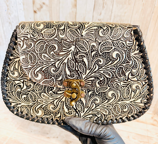 Mexican Leather Tooled Crossbody Handbag Bolsa Mexicana de Piel Cincelada
