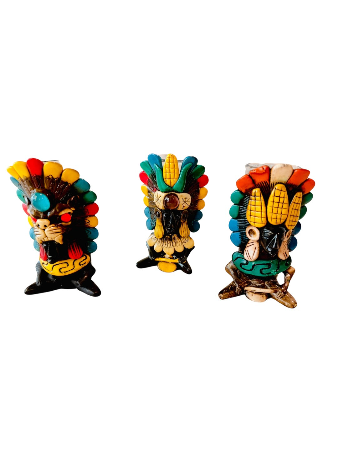 3x Mexican Artesanal Aztec Warrior Shot Glasses 3 Vasos Tequileros Mexicanos Azteca Guerrero