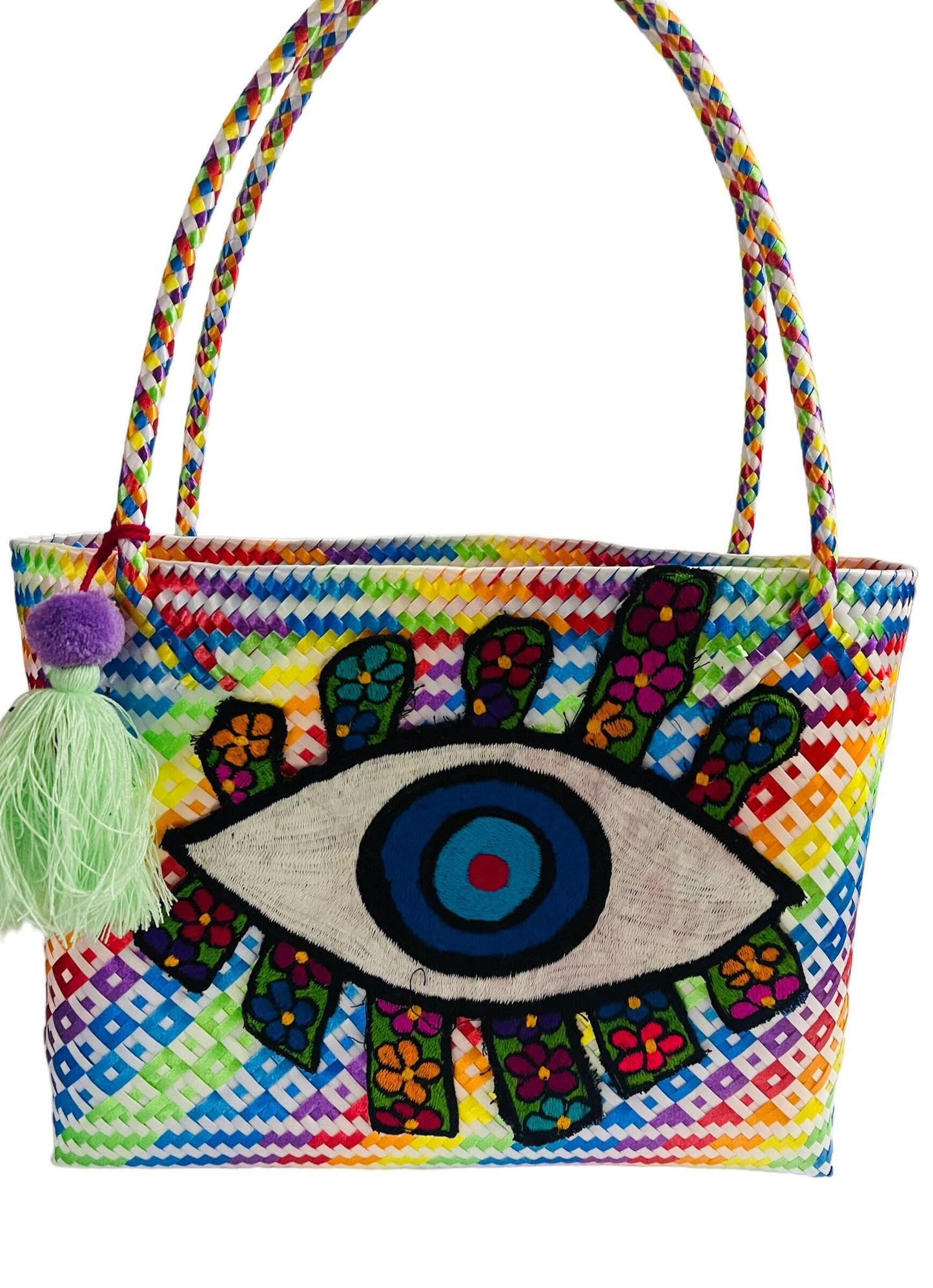 Hamsa Evil Eye Hand Woven Plastic Tote Bolsa Mexicana Artesenal Hamsa Mal De Ojo