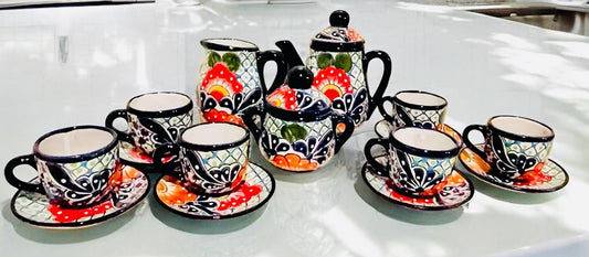 Mexican Talavera Tea Coffee Set Drinkware With 6  Mugs Sugar Bowl Talavera Mexicana de Cafe/Te con Tazas Platos Azucarera y Tetera