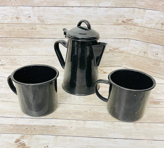 Enamelware Coffee Tea Pot & 2  Cups Cafetera de Peltre con 2 Tazas Peltre Mexicano