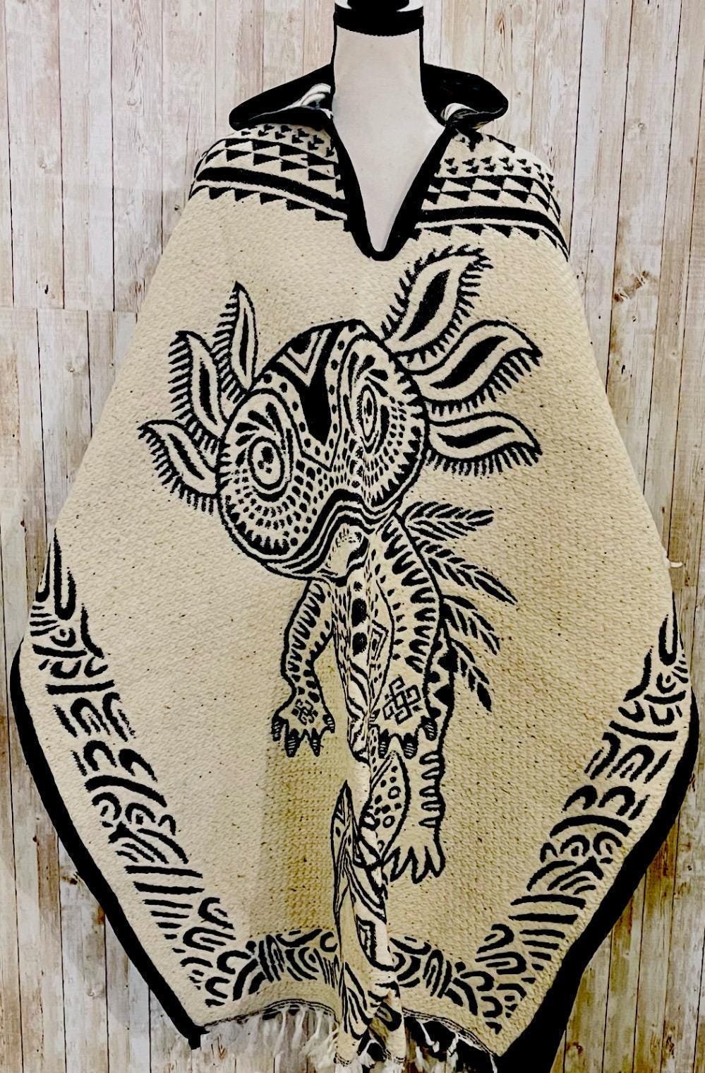 Mexican Wool PONCHO Huichol Aztec Calendar Poncho Mexicano De Lana Afelpado Huichol con Calendario Azteca