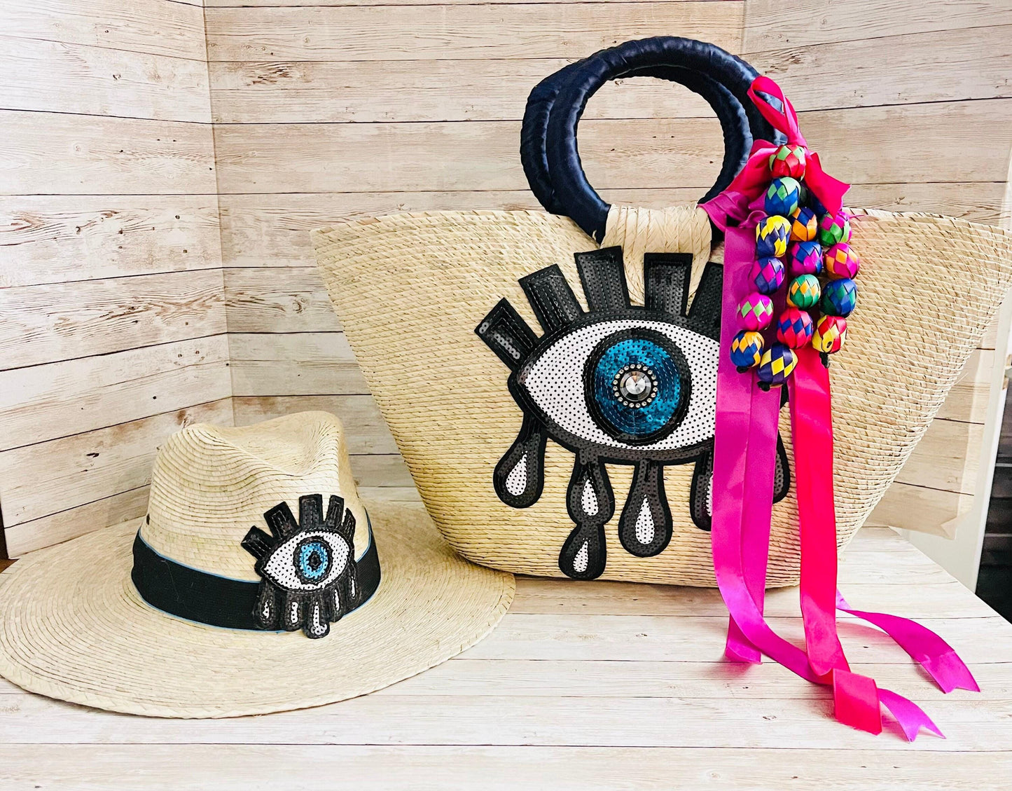 Mexican Artesanal Palm Leaf Beach Tote Bag and Hat Bolsa Mexicana Artesanal de Palma con Sombrero