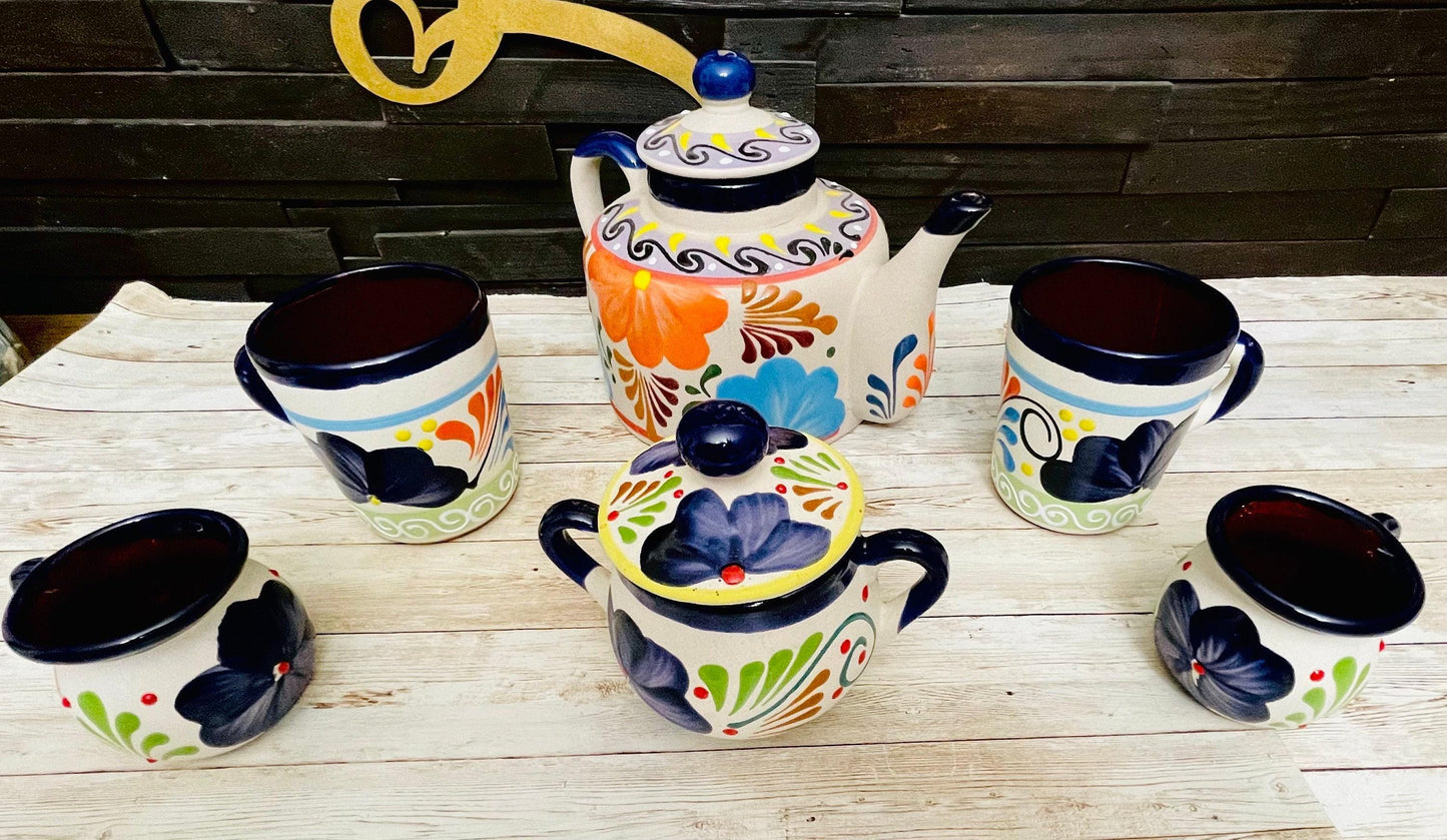Terra Cotta Mexican Art Pottery CoffeeTea Set Drinkware With 4 Mugs & Sugar Bowl Jarra Lechera Cafetera Artesanal con 4 tazas y Azucarera