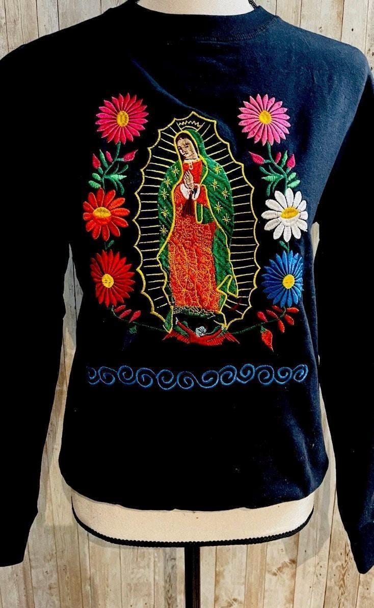 Mexican Embroidered Virgin Mary Sweater Size Small Sueter Bordado Mexicano de La Virgen Maria