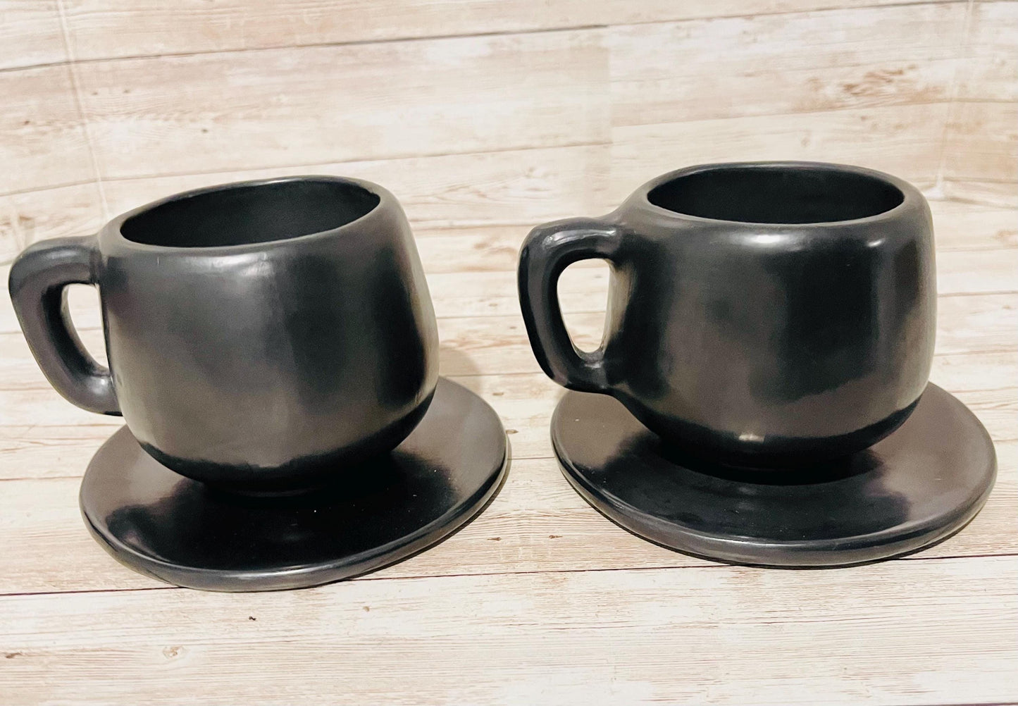 Black Oaxacan Mexican Clay Capuccino Expresso Coffee Tea Mugs with Plate Tazas de Barro Negro Artesanal Mexicano con Plato Hechas en Oaxaca