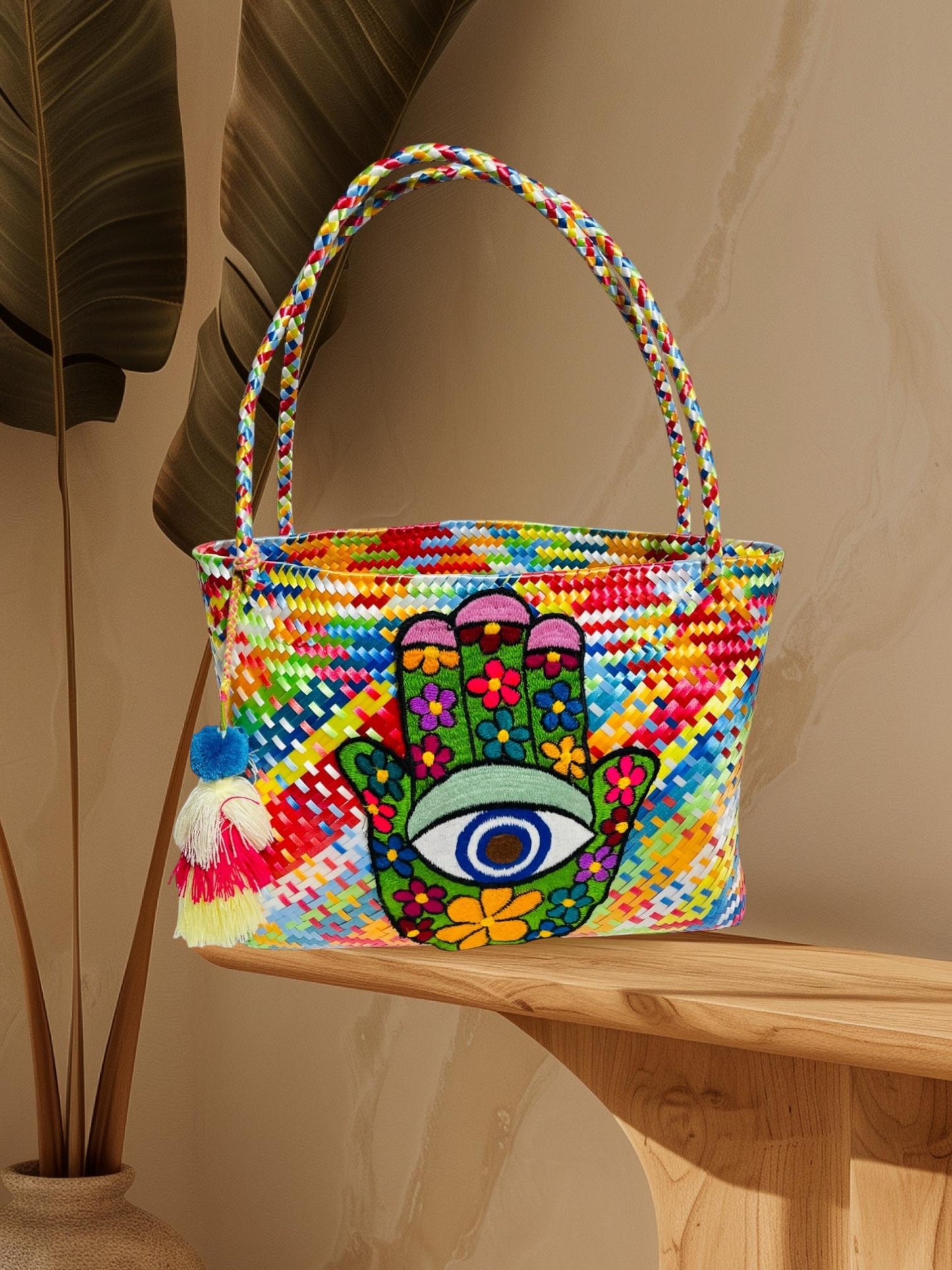 Hamsa Evil Eye Hand Woven Plastic Tote Bolsa Mexicana Artesenal Hamsa Mal De Ojo