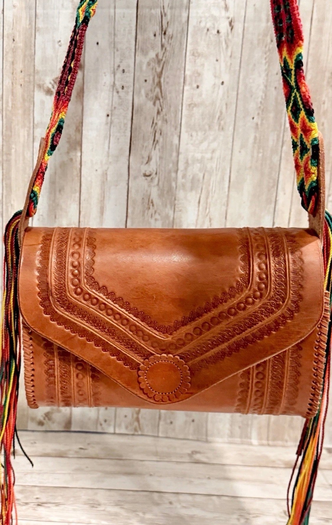 Handcrafted Tooled Western Mexican Leather Crossbody Bag with Woven Straps Bolsa Mexicana de Piel con Correa Tejida