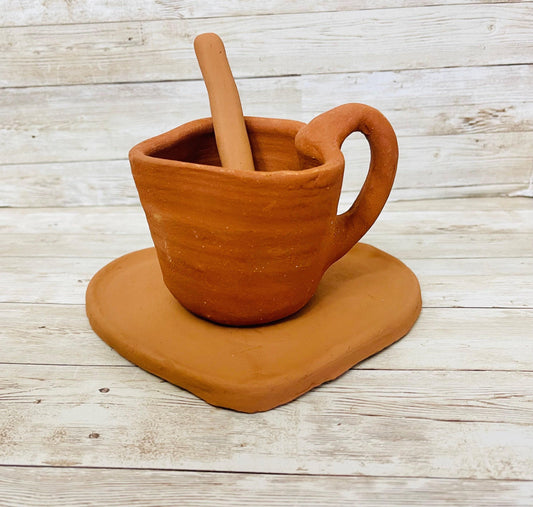 Mexican Red Terra Cota Heart Cup Mug with Heart Plate & Spoon Taza Plato y Cuchara de Corazon de Barro Rojo Mexicano