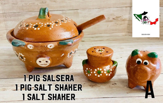 Terra Cotta Mexican Pottery Salsa Pig Bowl with Spoon and Salt Shaker Salsera de Barro Mexicana de Marranito con Cuchara y Salero