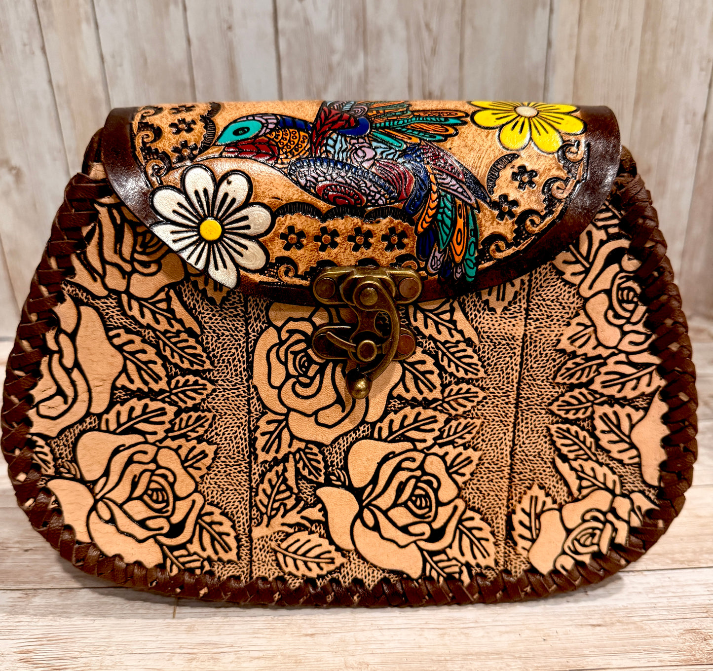 Mexican Leather Tooled Handbag Bolsa Mexicana de Piel Cincelada