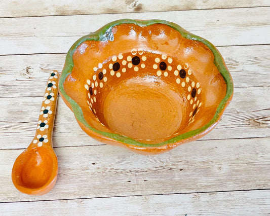 Mexican Terra Cota Bowls Salseros with  Spoons Plato Salsero de Barro con  Cuchara de Barro