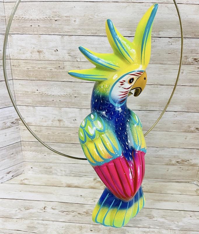 Mexican Exotic Ceramic Bird on a Perch Pajaro Mexicano de Ceramic en Aro