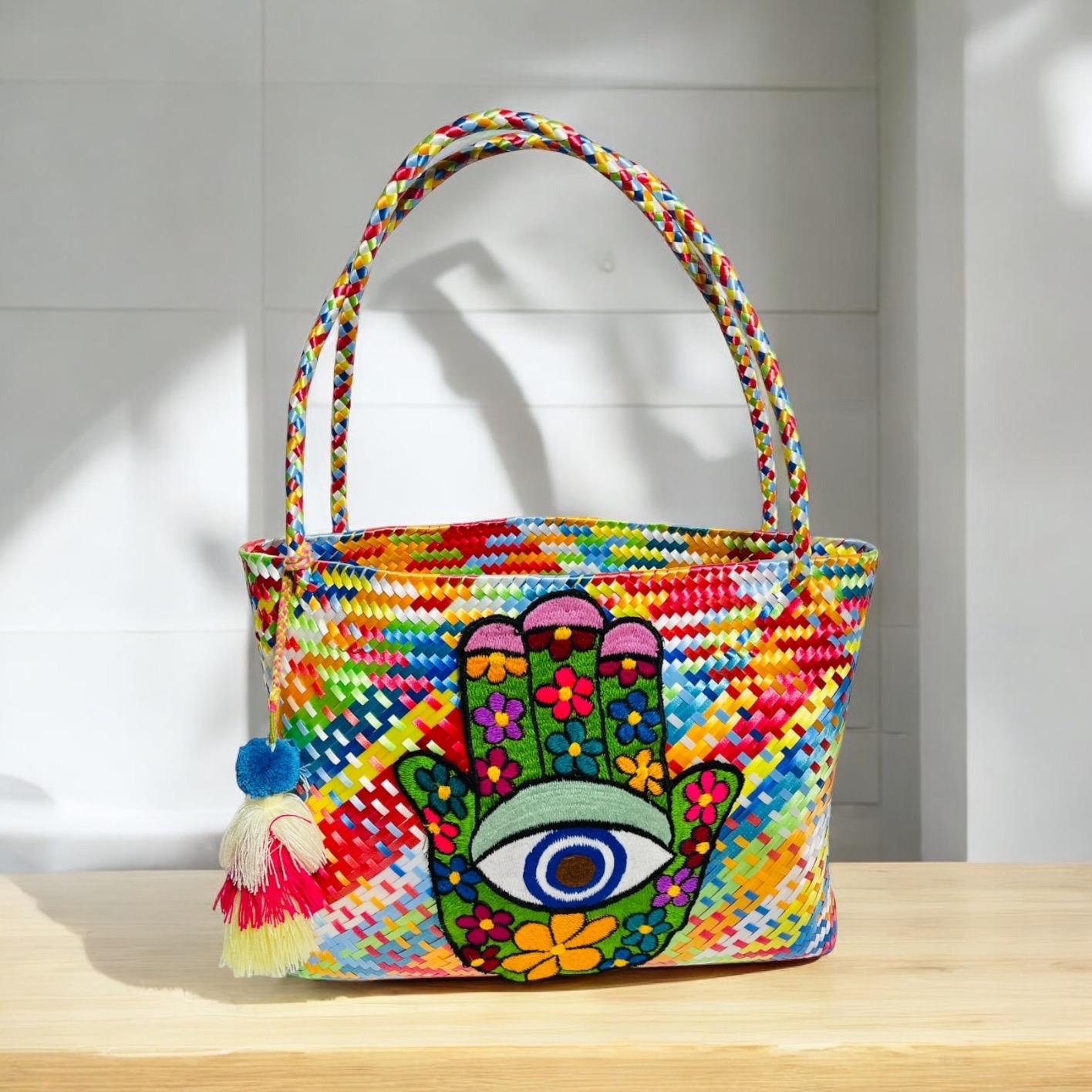 Hamsa Evil Eye Hand Woven Plastic Tote Bolsa Mexicana Artesenal Hamsa Mal De Ojo