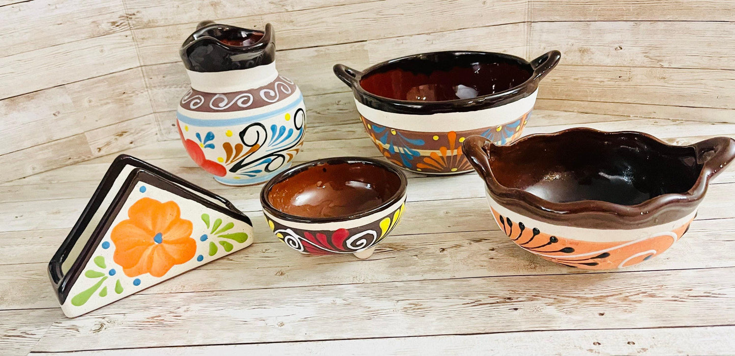 Terra Cota Napkin Holder, Salsa & Dish Bow, Molcajete Pitcher Set de Barro Lechera, Servilletero, Molcajete y 2 Platos