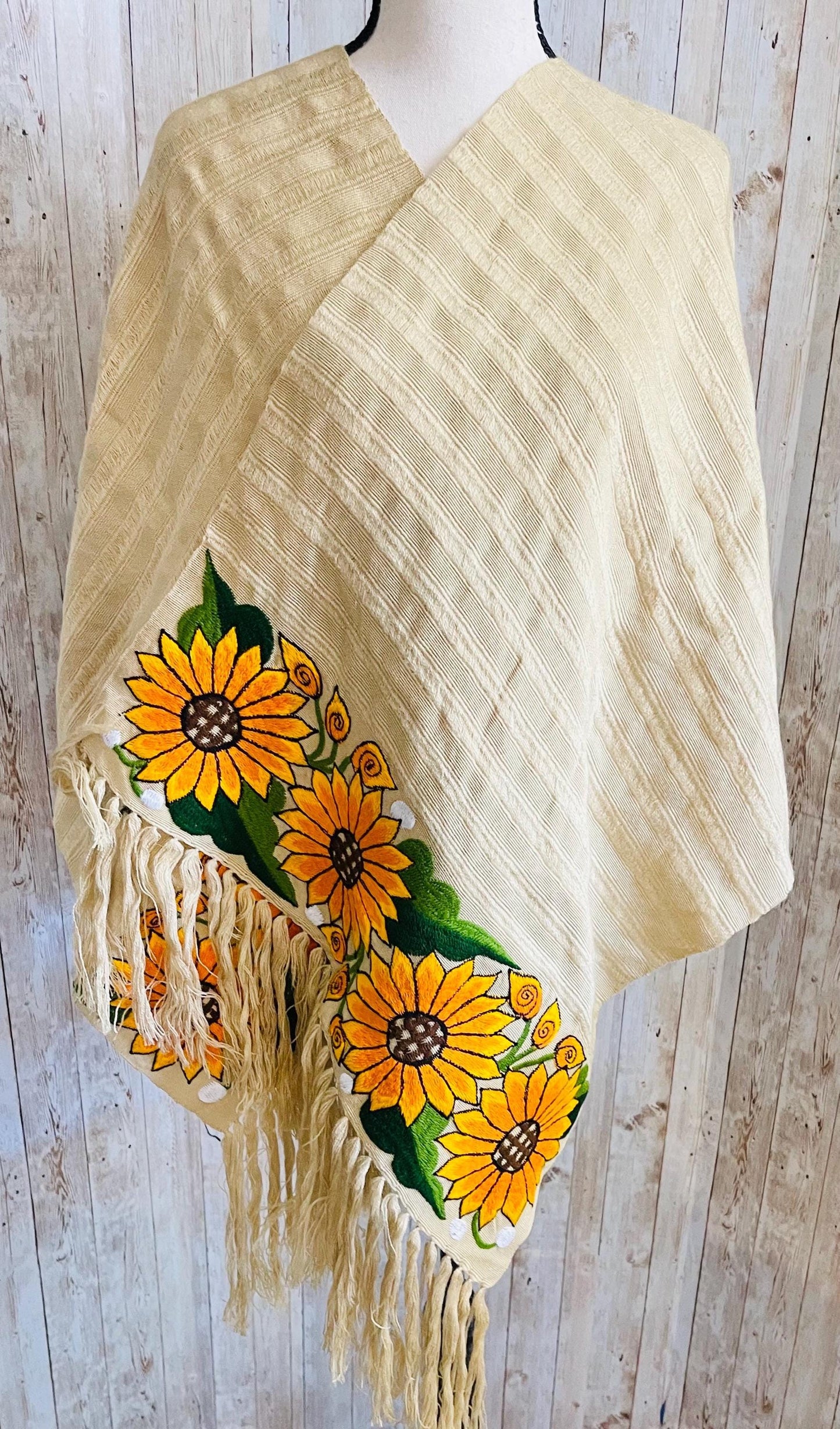 Mexican Sunflower Embroidered Handmade Shawl Reboso Bordado Mexicano de Girasoles