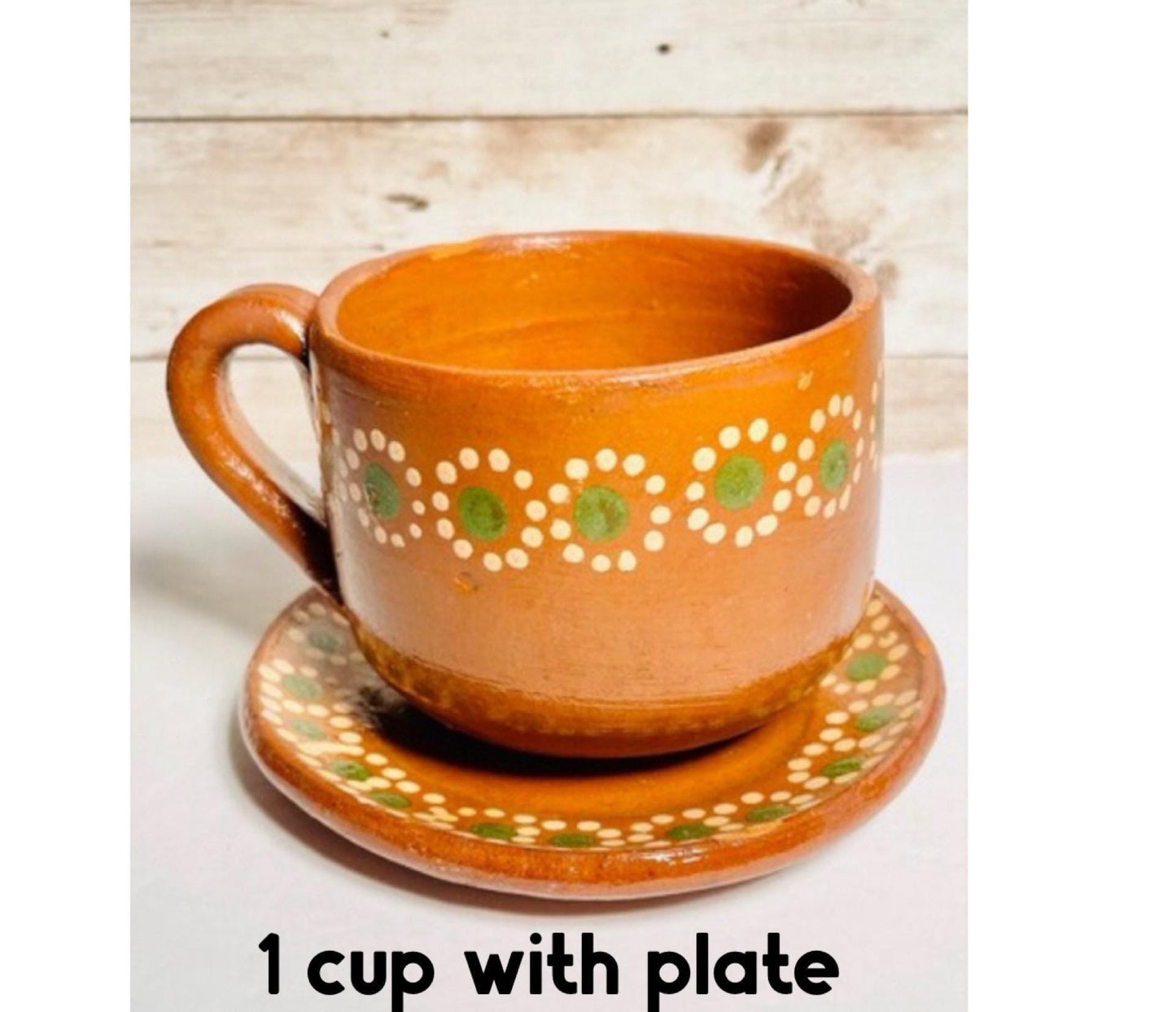 Terra Cotta Mexican Art Pottery CoffeeTea Mugs with Plates Tazas de Barro Artesanales  Mexicana con Plato