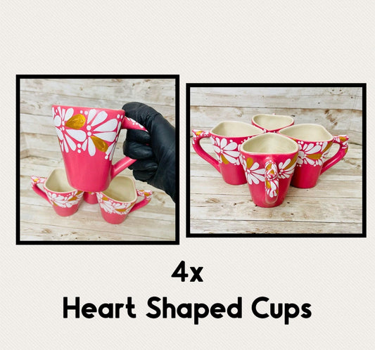 4x Mexican Ceramic Heart Shaped Pottery Cups 4x Tazas de Ceramica Mexicanas en Forma de Corazon