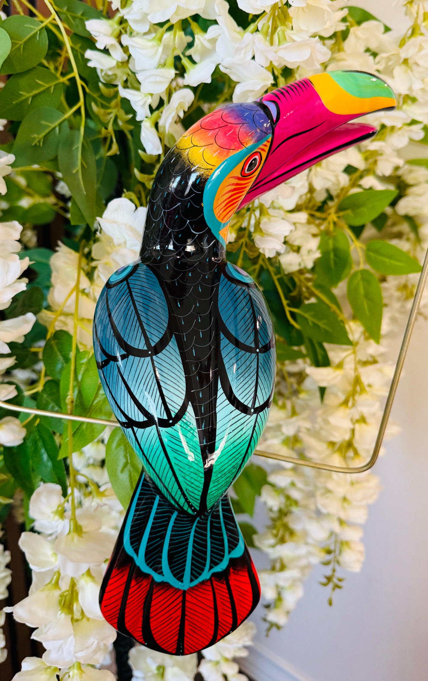 Mexican Exotic Ceramic Bird on a Perch Pajaro Mexicano de Ceramic en Aro