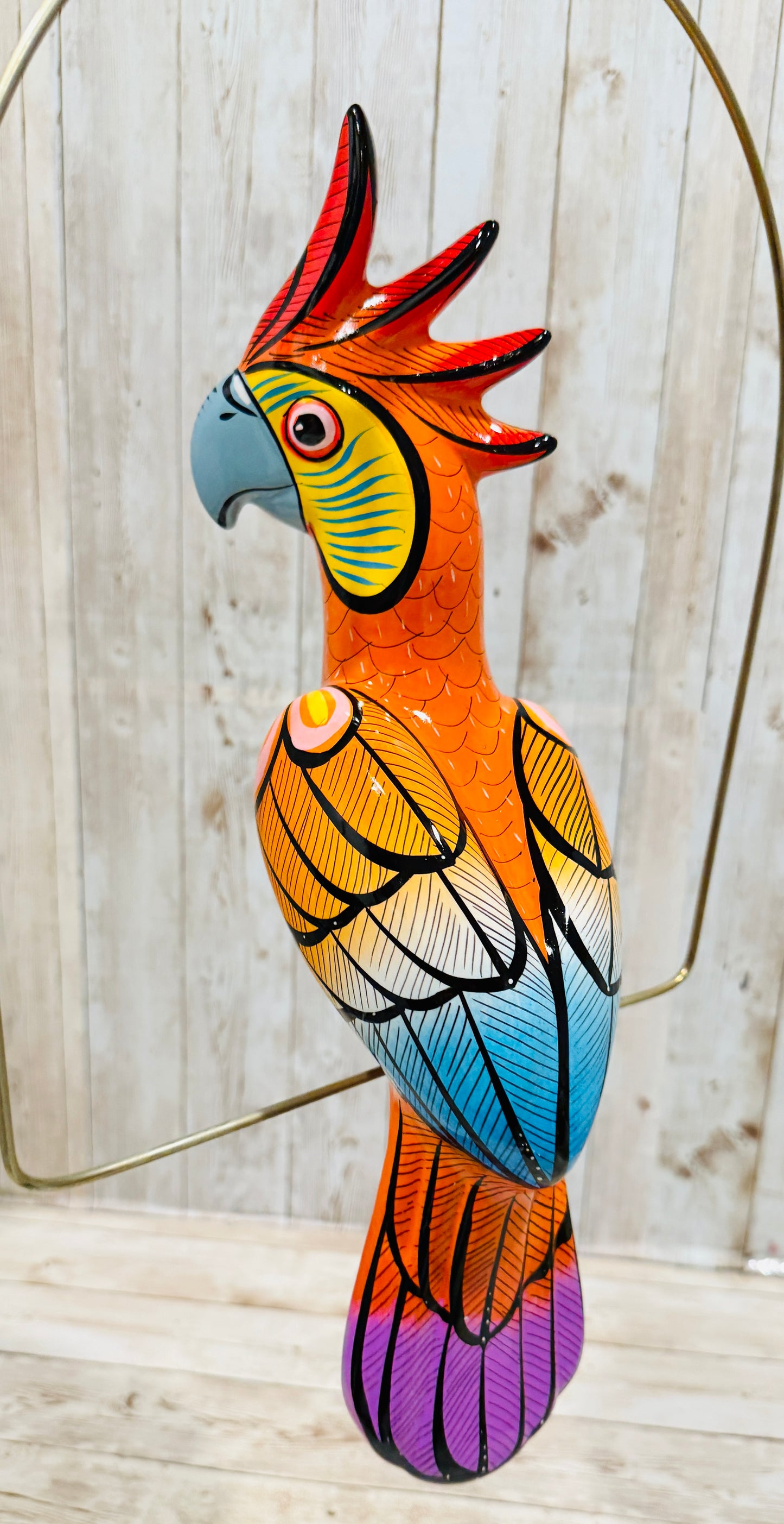 Mexican Exotic Ceramic Bird on a Perch Pajaro Mexicano de Ceramic en Aro