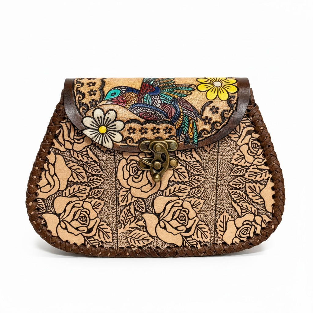 Mexican Leather Tooled Handbag Bolsa Mexicana de Piel Cincelada