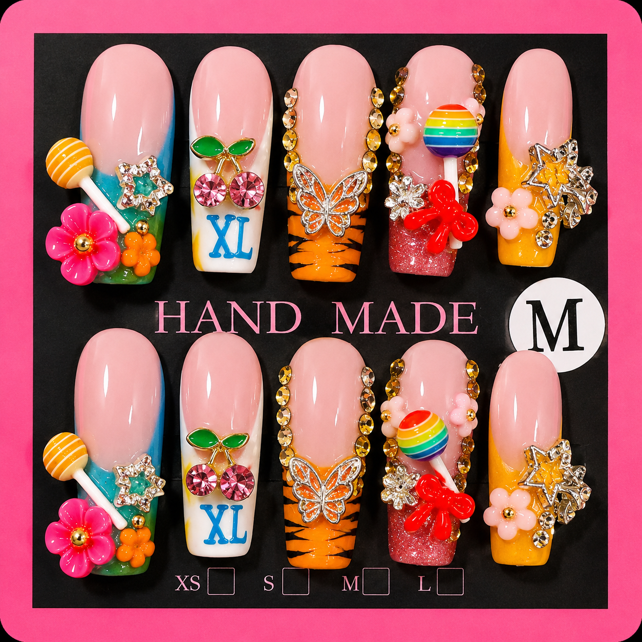 Colorful 3D Kawaii Press On Nails – Handmade Medium Luxury Nail Set