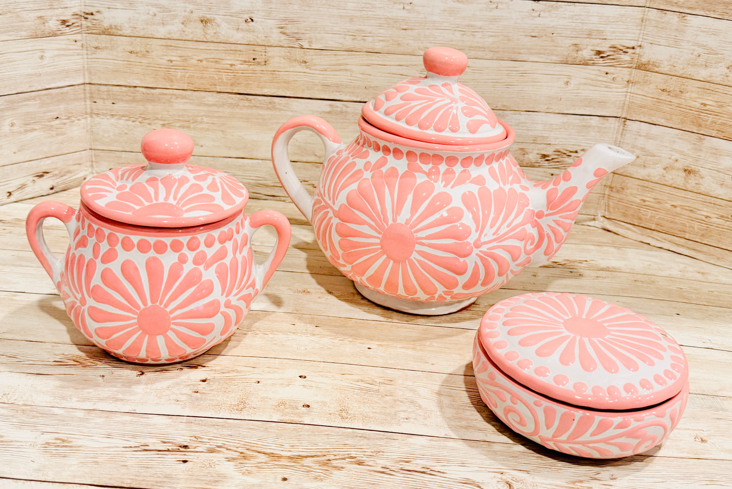 Mexican Pink Talavera Coffeepot Teapot Set with Sugar Bowl and Serving Dish with Lid Talavera Rosa Tetera con Azucarera y Charola Chica para Servir