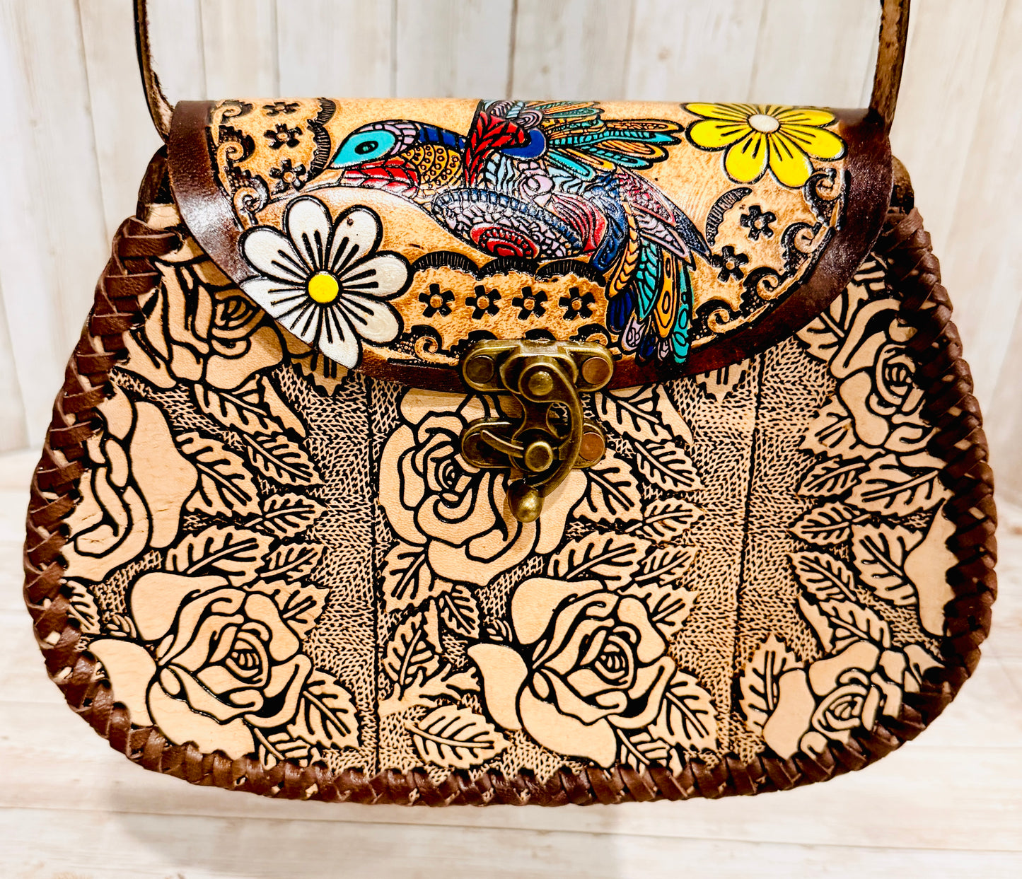 Mexican Leather Tooled Handbag Bolsa Mexicana de Piel Cincelada