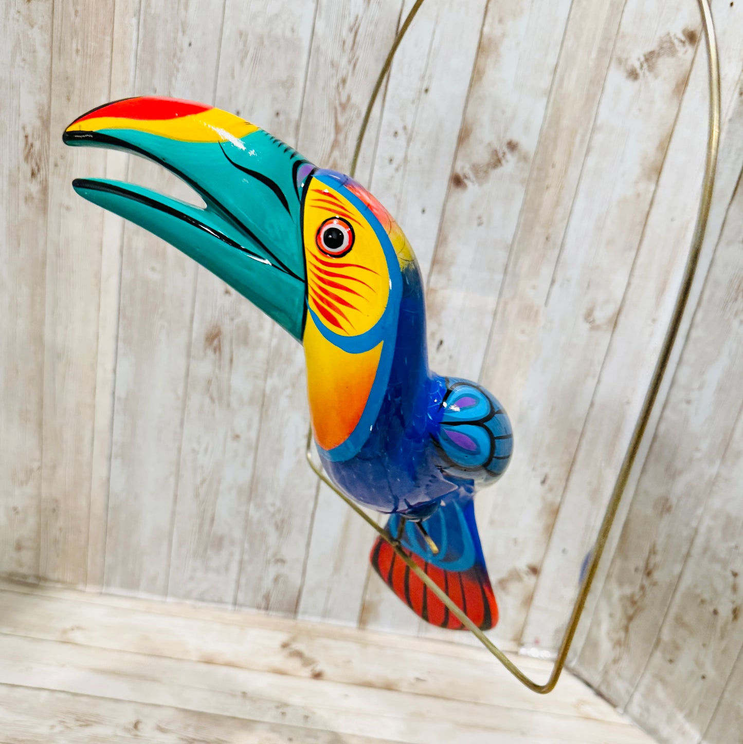 Mexican Exotic Ceramic Bird on a Perch Pajaro Mexicano de Ceramic en Aro