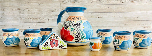 Terra Cotta Mexican Art Pottery Pitcher With 6 Cups Napkin Holder and Salt Shaker Jarra Artesanal Mexicana